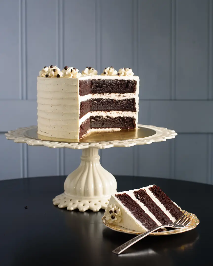 Chocolate layer cake with frosting.