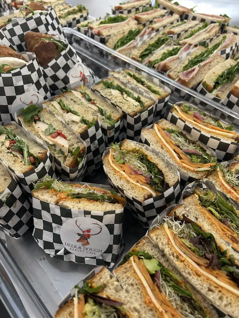 Gourmet sandwiches on display.